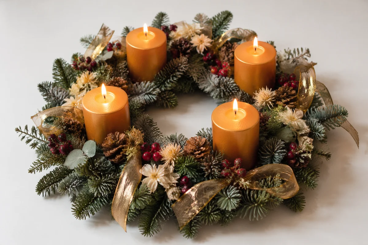 Lit Advent Wreath with Golden Candles