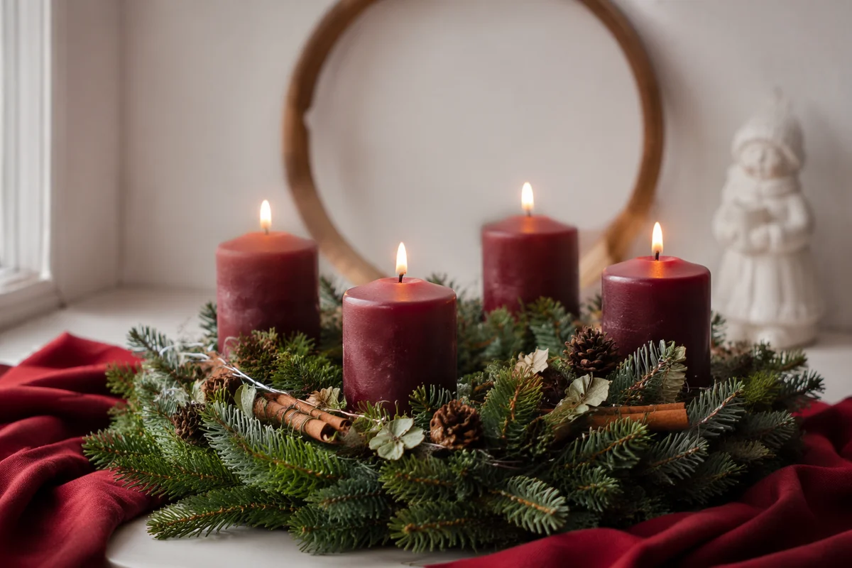 Lit Advent Wreath with Burgundy Candles