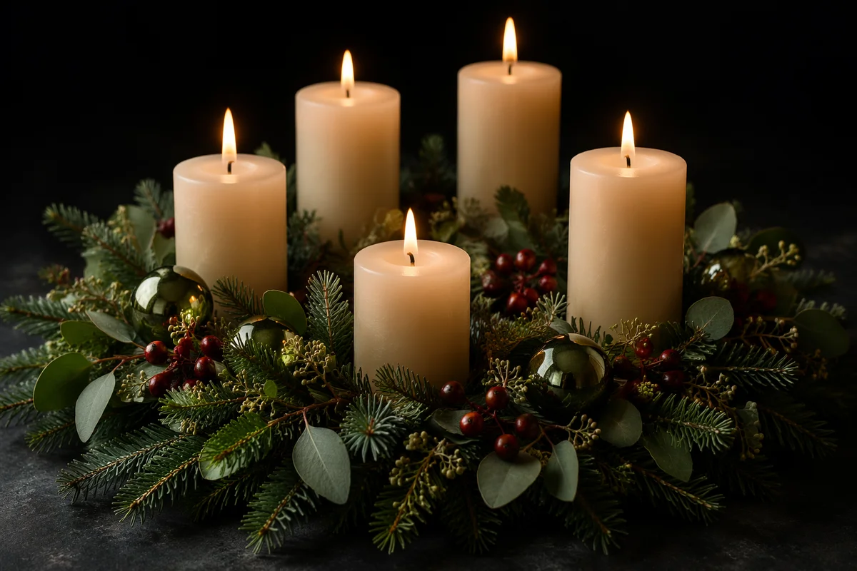 Lit Advent Wreath with Four Candles
