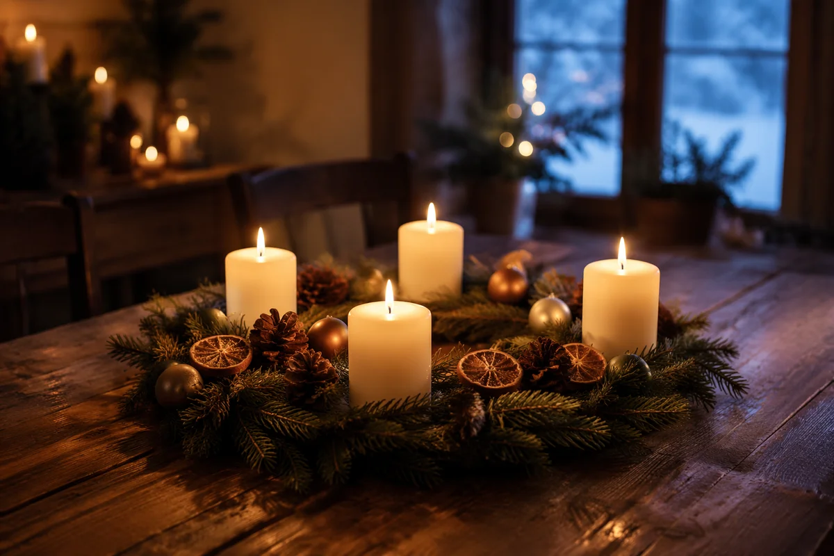 Four Lit Advent Candles on Rustic Table