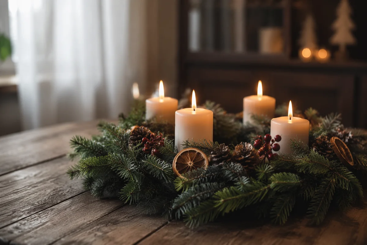 Four Lit Advent Candles on Rustic Wreath