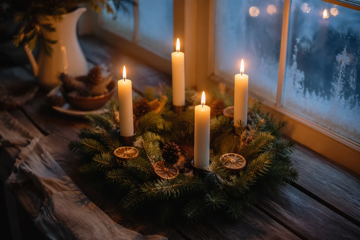 Lit Advent Wreath by Frosted Window