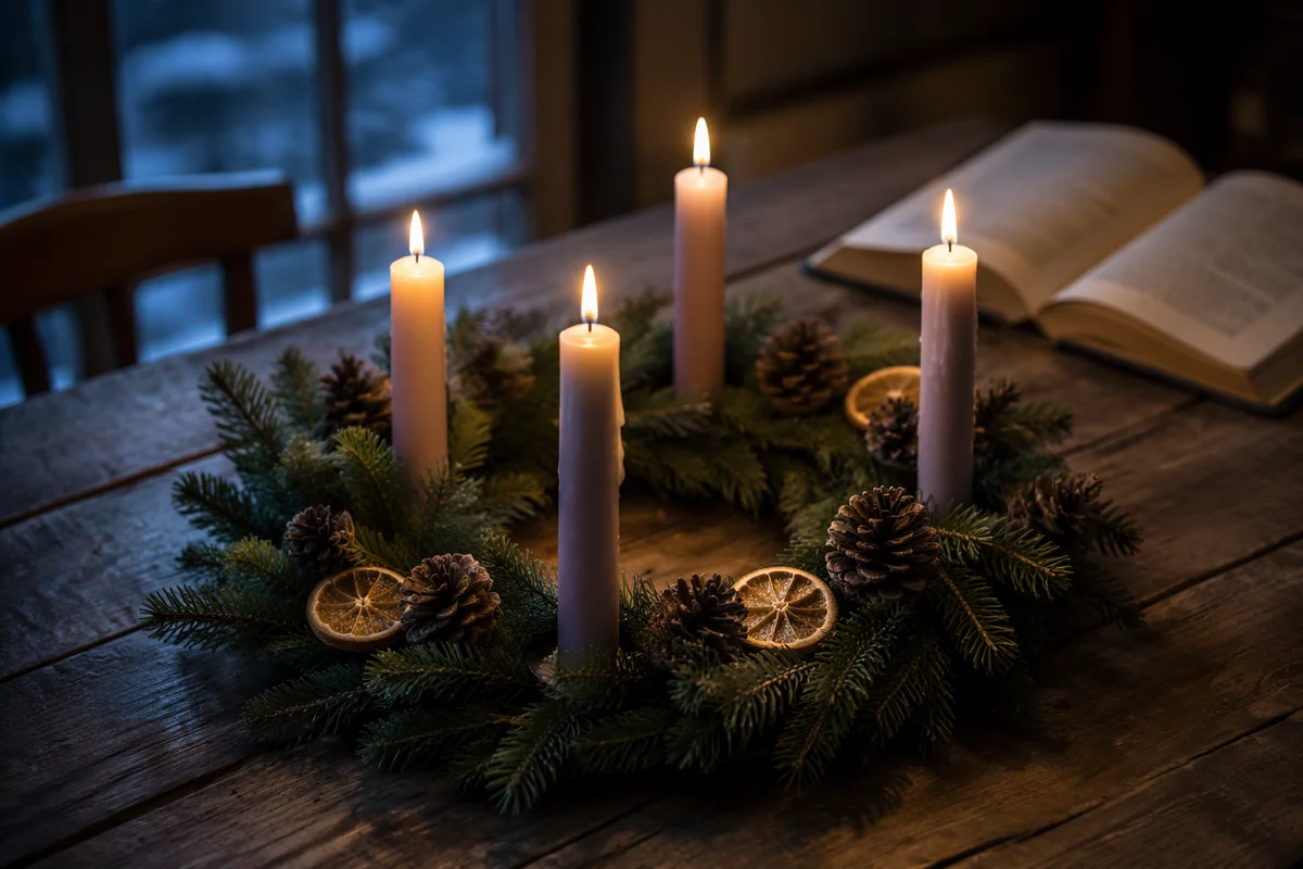 Four Lit Advent Candles on Rustic Table