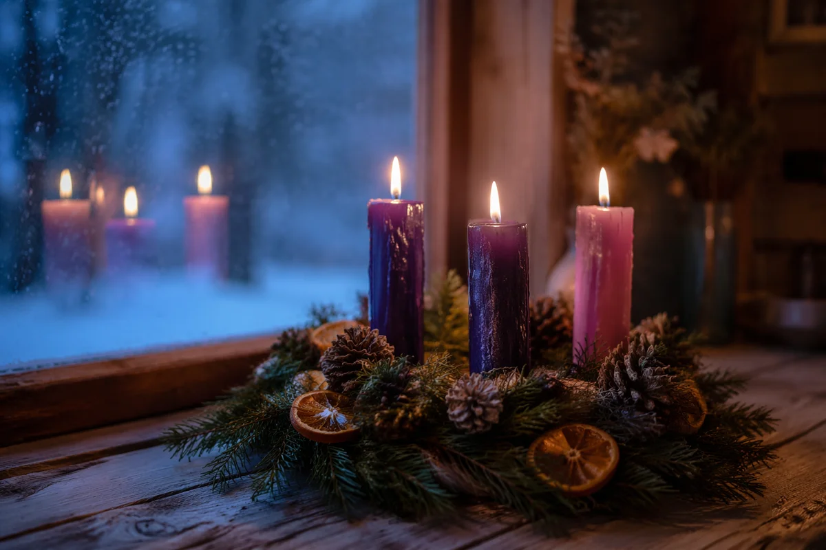 Four Lit Advent Candles by Frosted Window