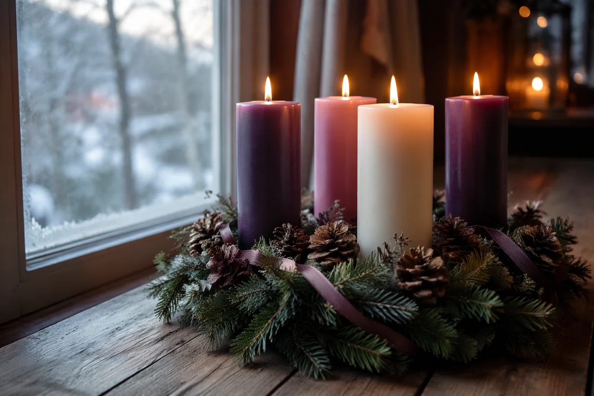 Four Lit Advent Candles by Winter Window