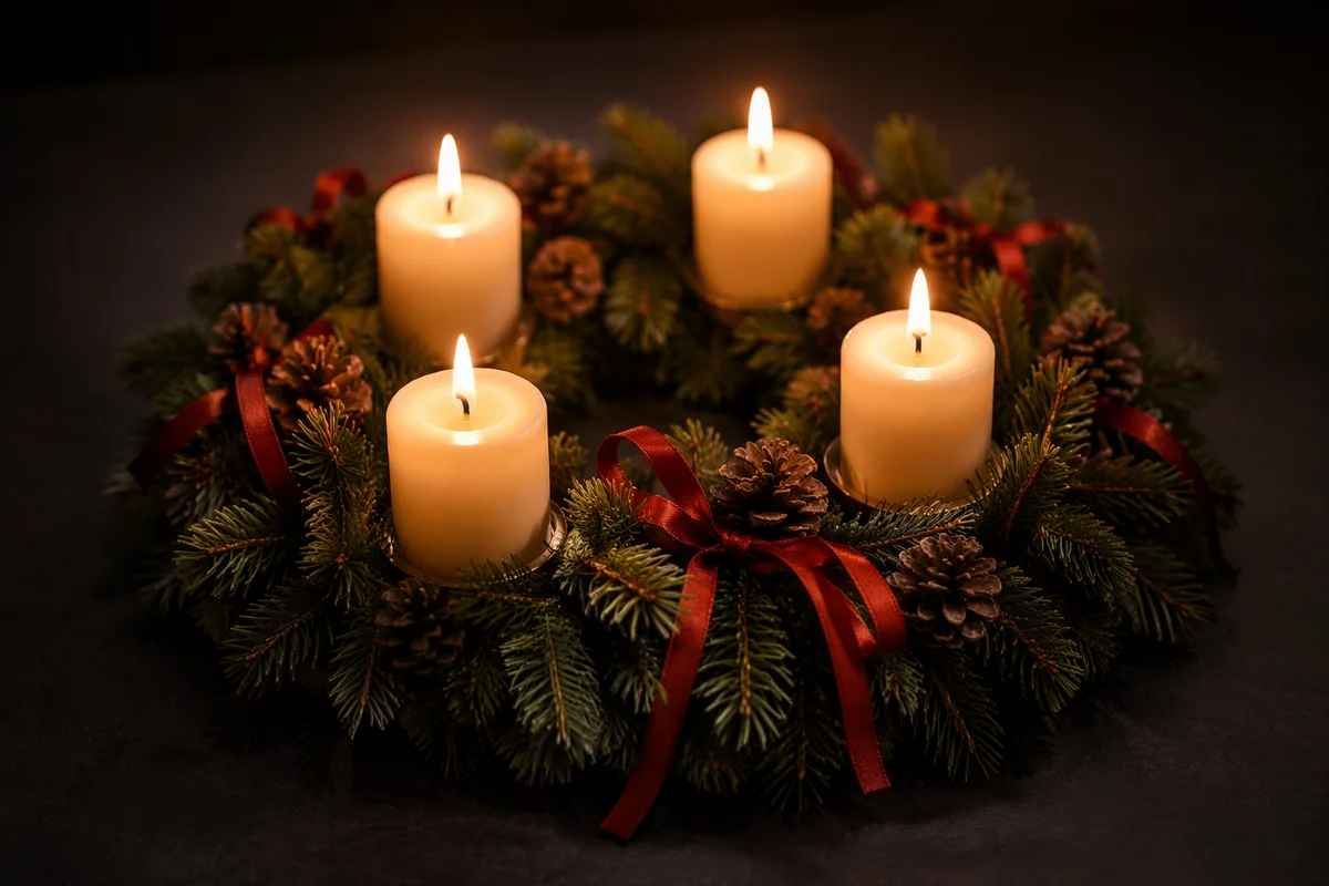 Lit Advent Wreath with Four Candles