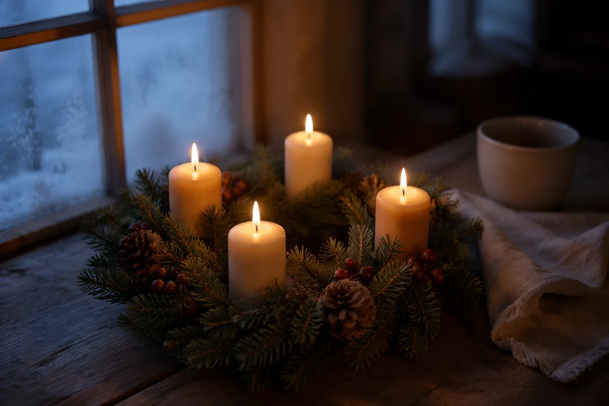 Lit Advent Wreath by Frosted Window
