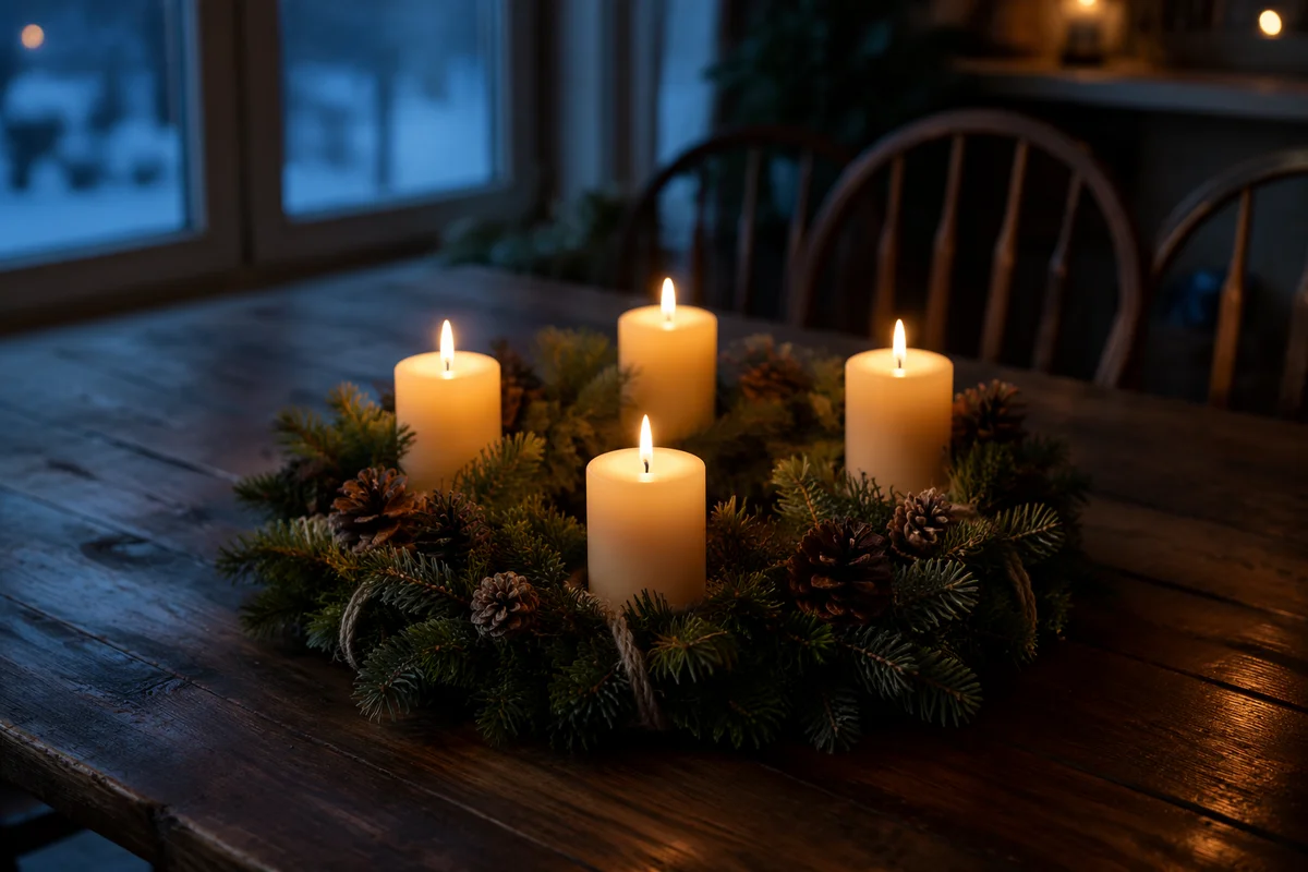 Lit Advent Wreath at Winter Dusk