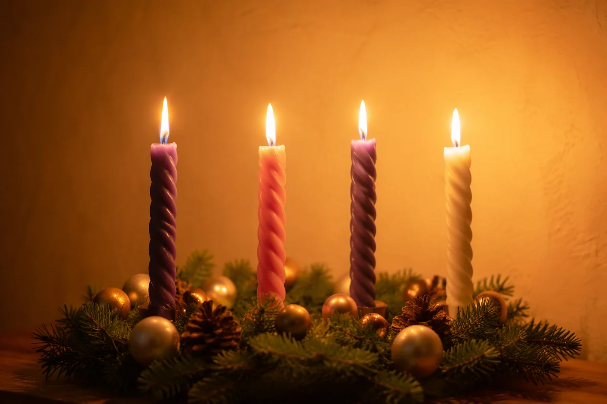 Lit Advent Wreath with Four Candles