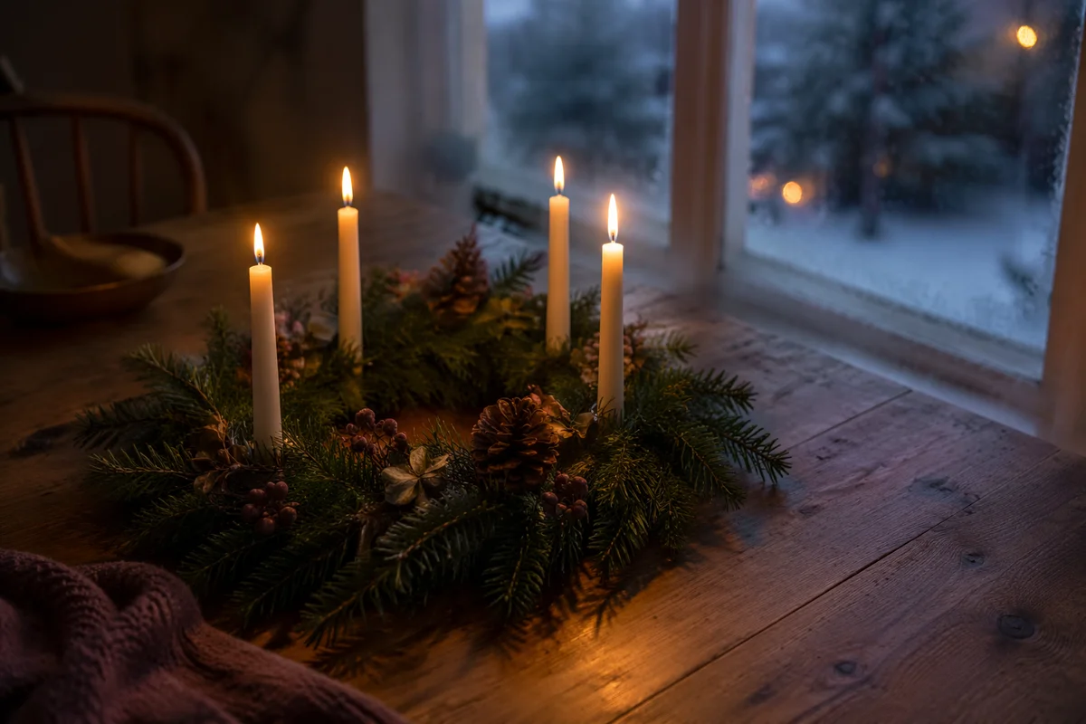 Peaceful Advent Wreath with Four Lit Candles