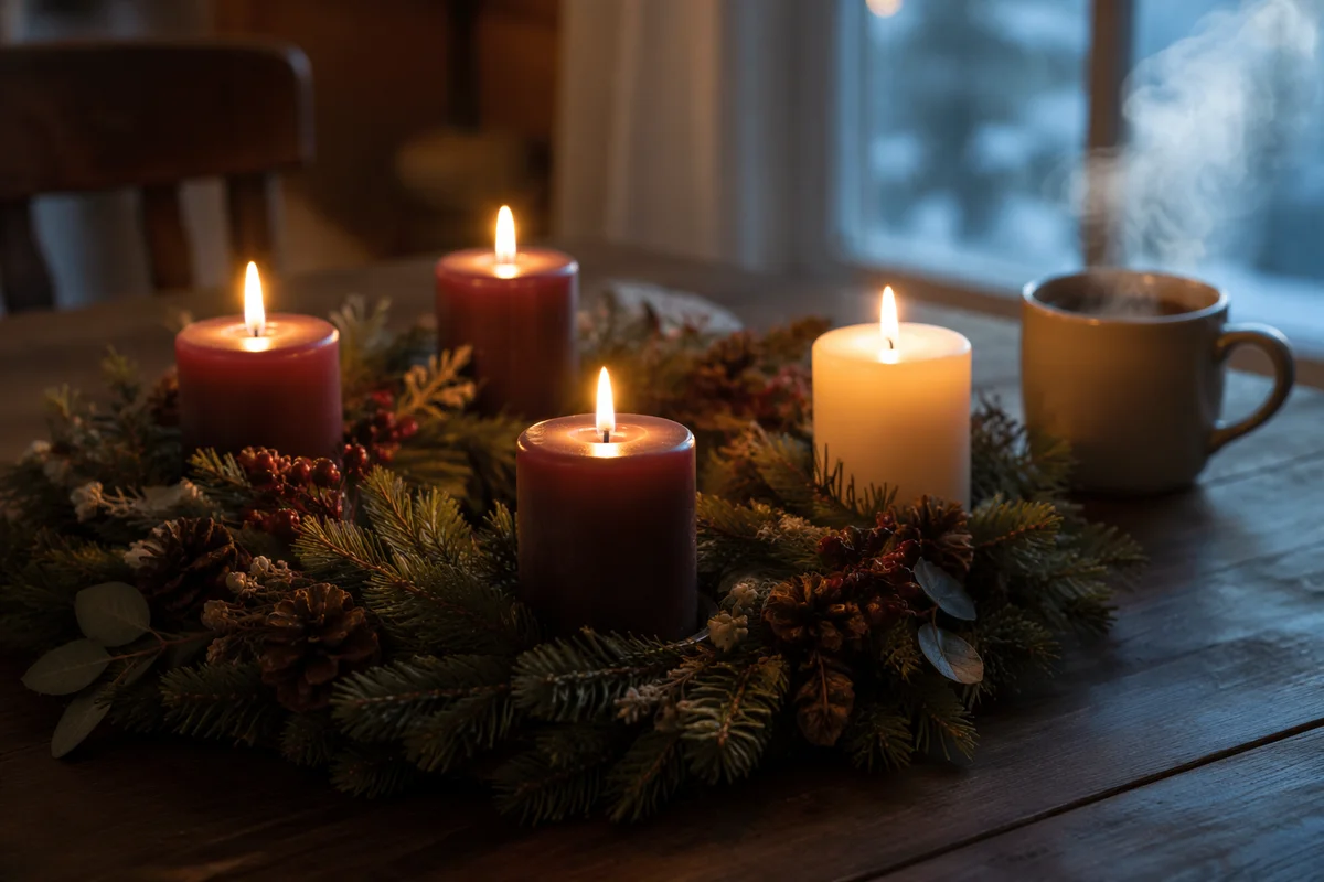 Glowing Advent Wreath on Rustic Table