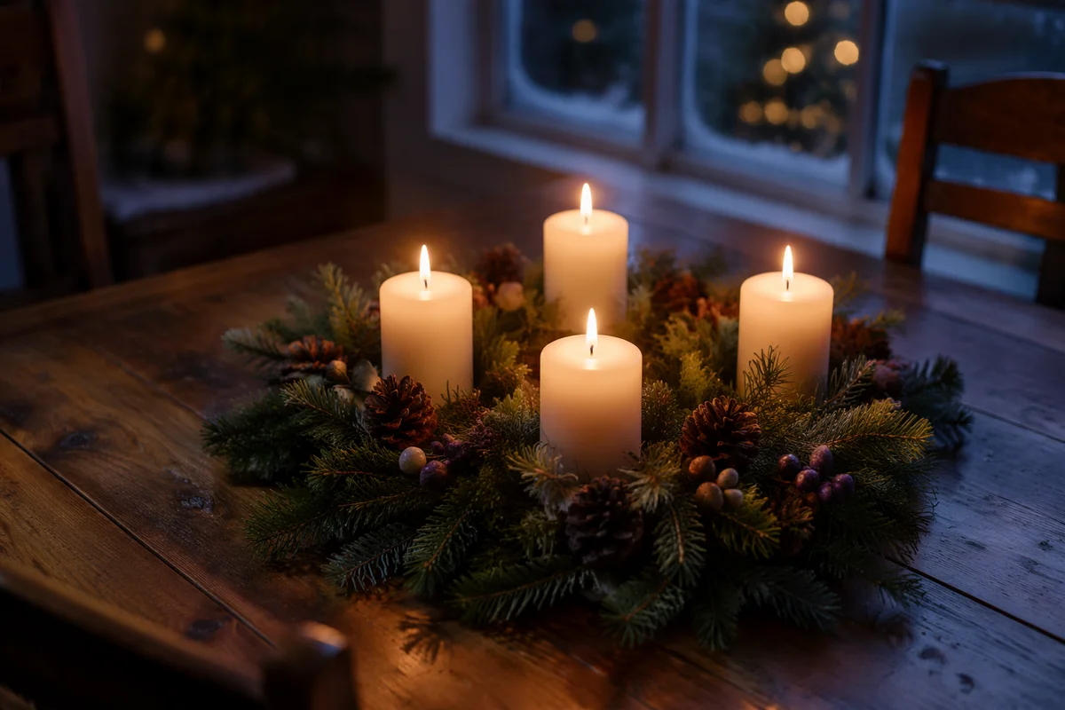 Four Lit Advent Candles on Evergreen Wreath