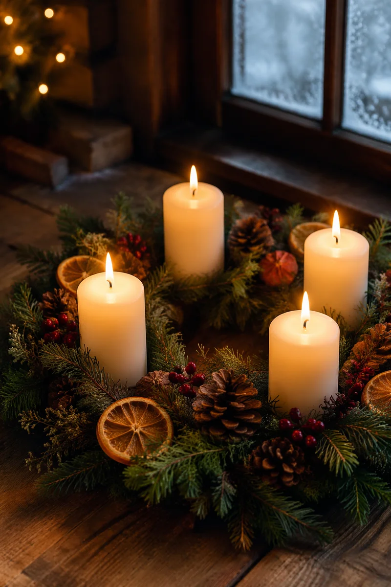 Four Lit Advent Candles at Dusk