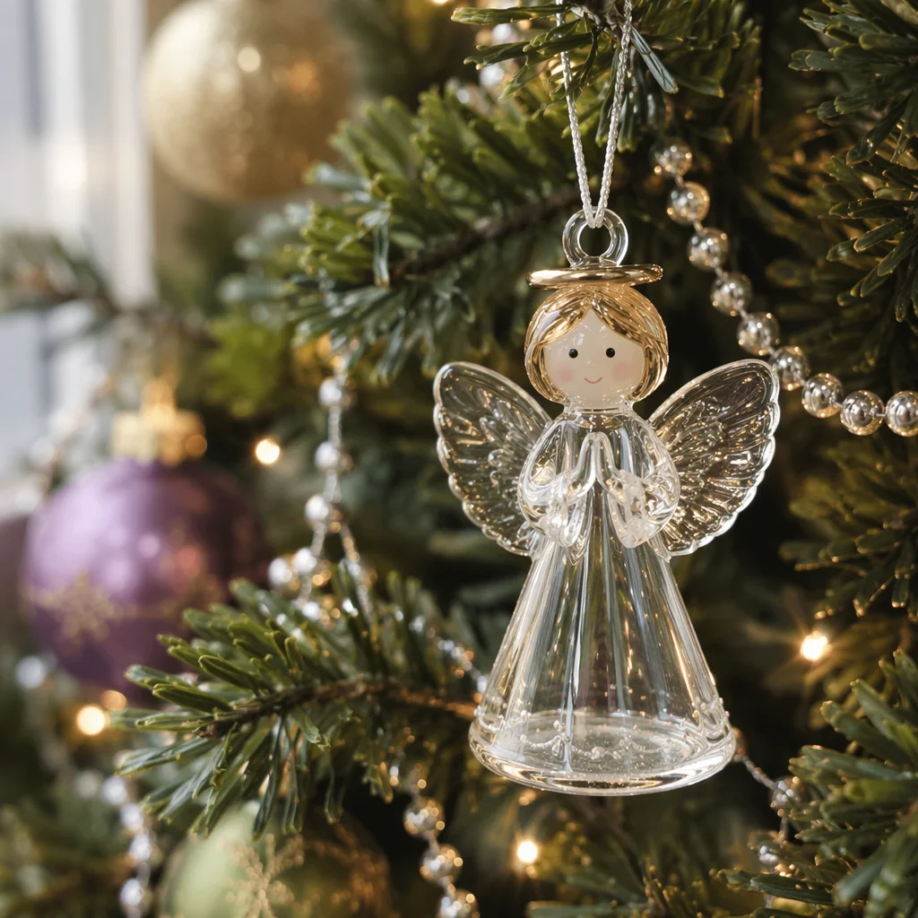 Glass Angel Ornament on Christmas Evergreen