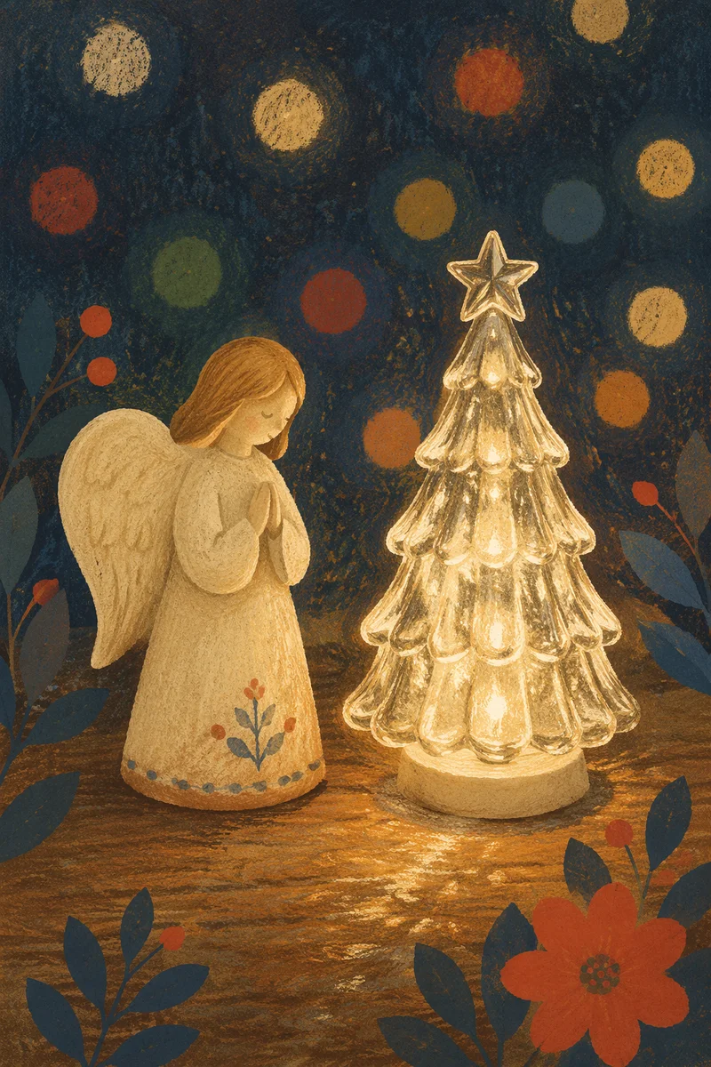 Ivory Angel Ornament Beside Glowing Christmas Tree