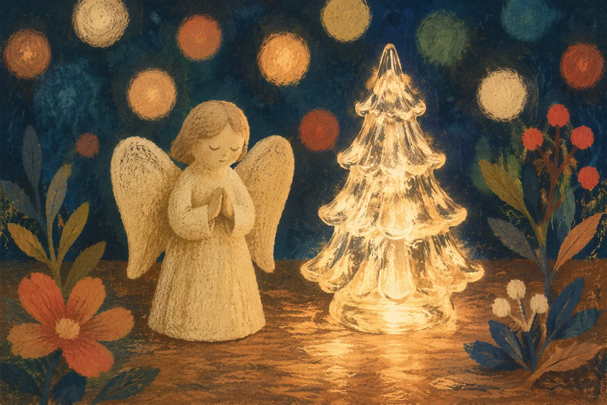 Ivory Angel Ornament Beside Glowing Christmas Tree