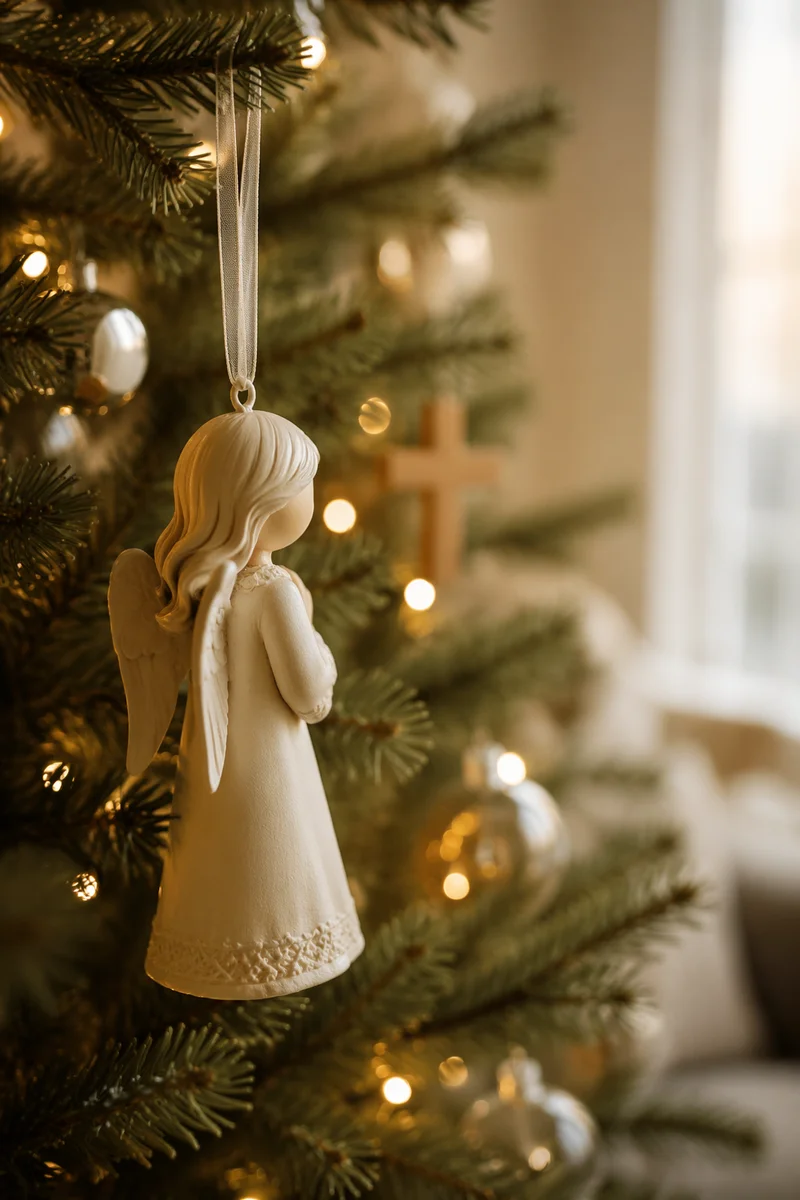 Angel Ornament on Christmas Tree in Soft Light