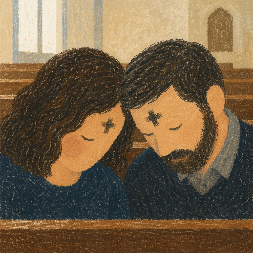 Ash Wednesday Forehead Crosses in Church Pew