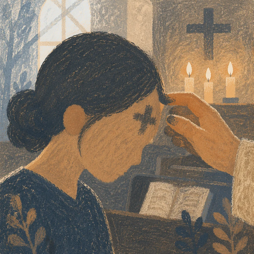 Ash Wednesday Forehead Cross in Candlelit Chapel
