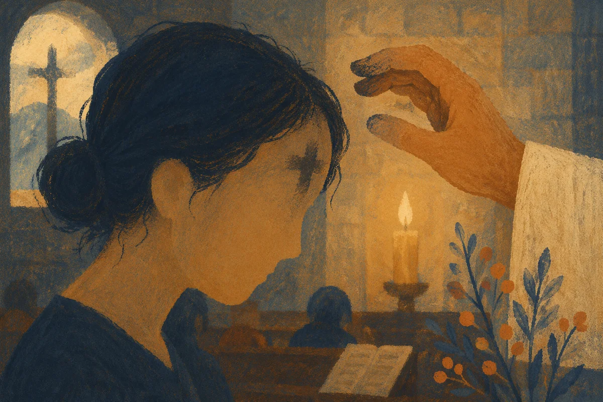 Ash Wednesday Forehead Cross in Candlelit Chapel