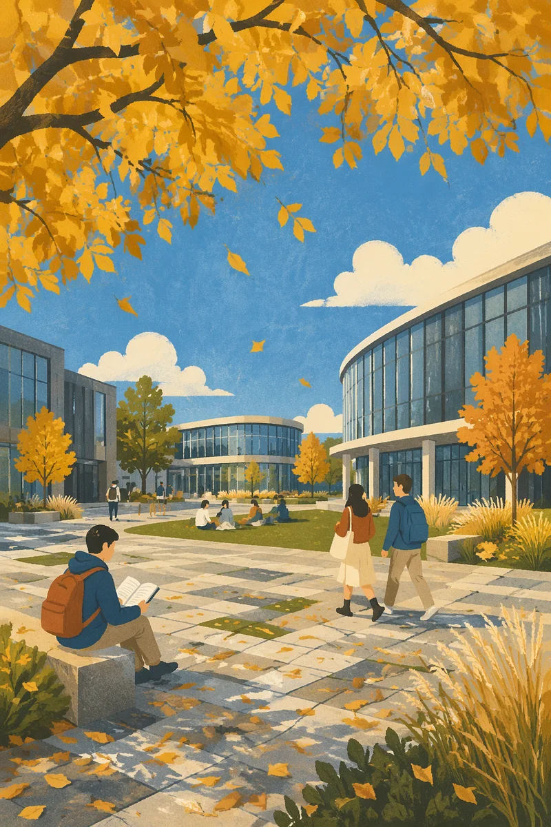 Golden Autumn Leaves Over Campus Courtyard