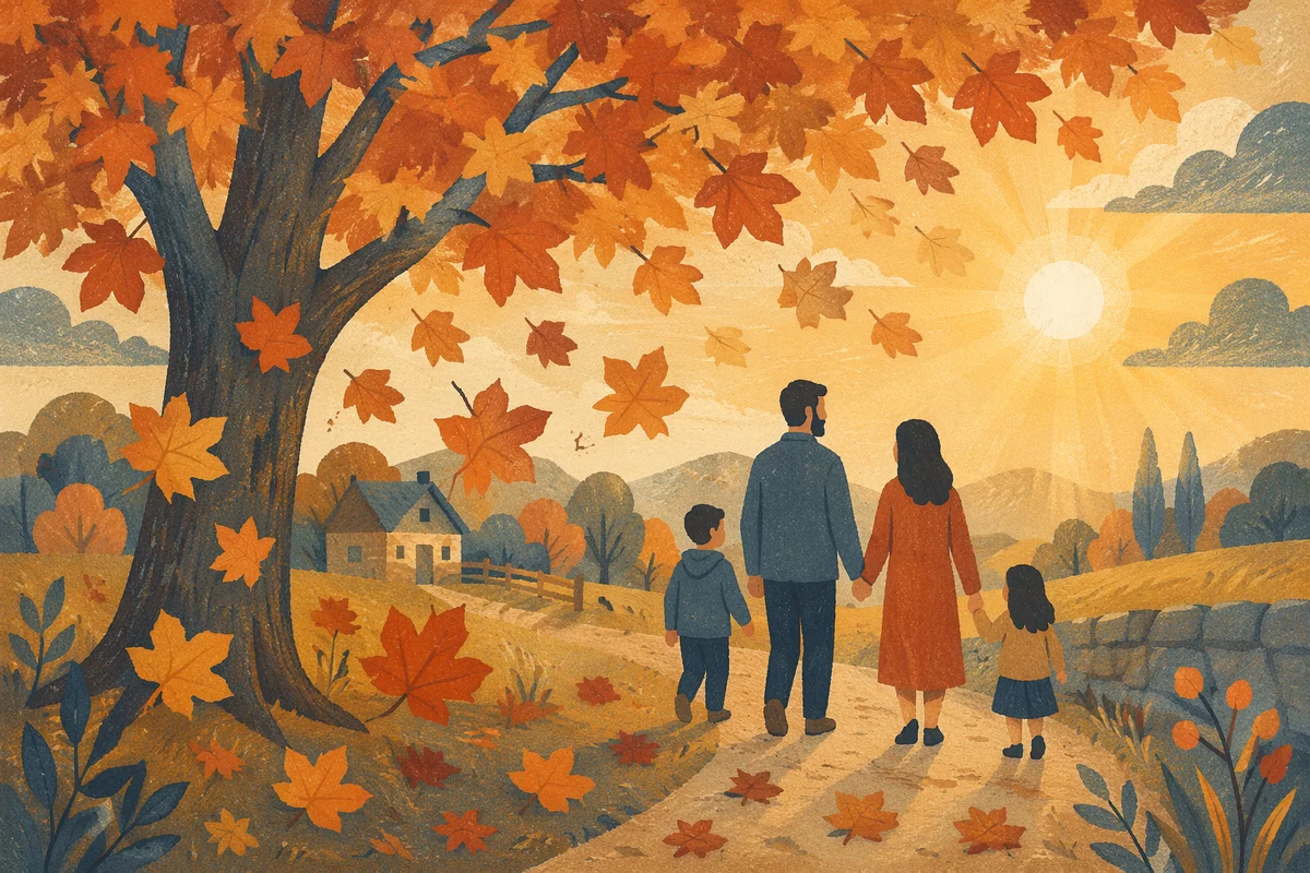 Autumn Leaves Falling in Golden Evening Light