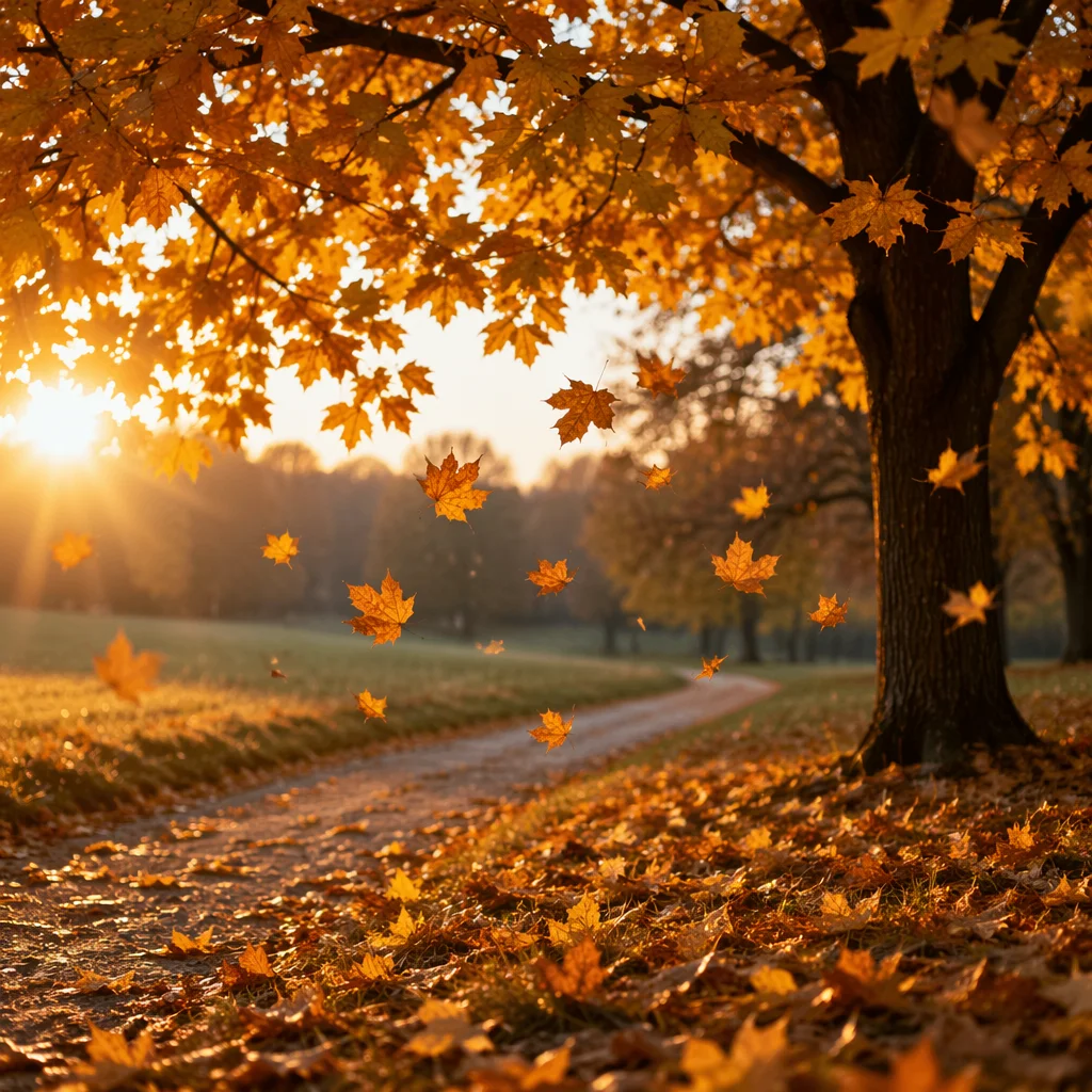 Autumn Leaves Falling in Golden Meadow Light
