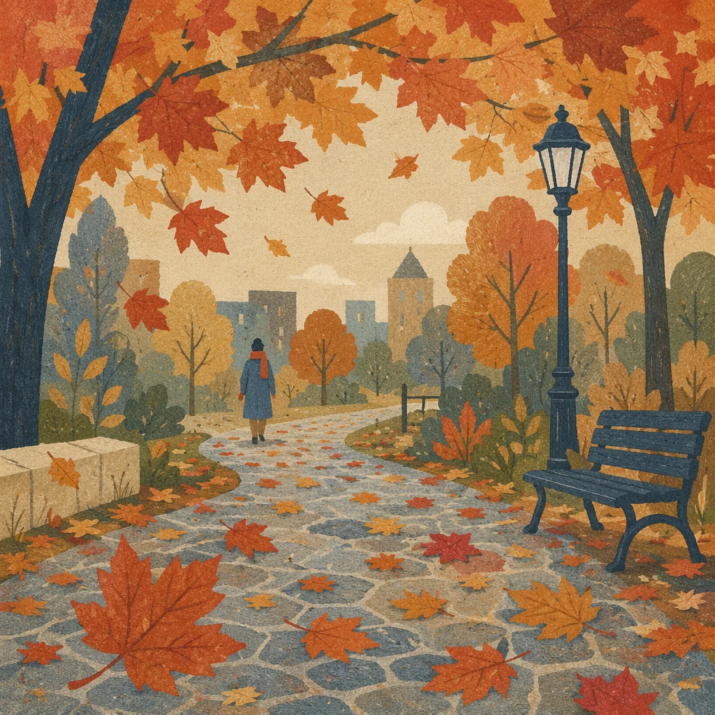 Late Autumn Park Path with Falling Leaves