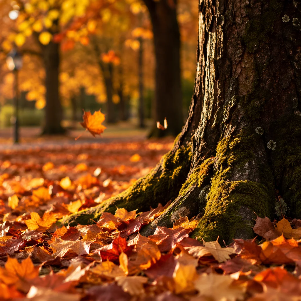 Golden Autumn Leaves on Mossy Park Floor