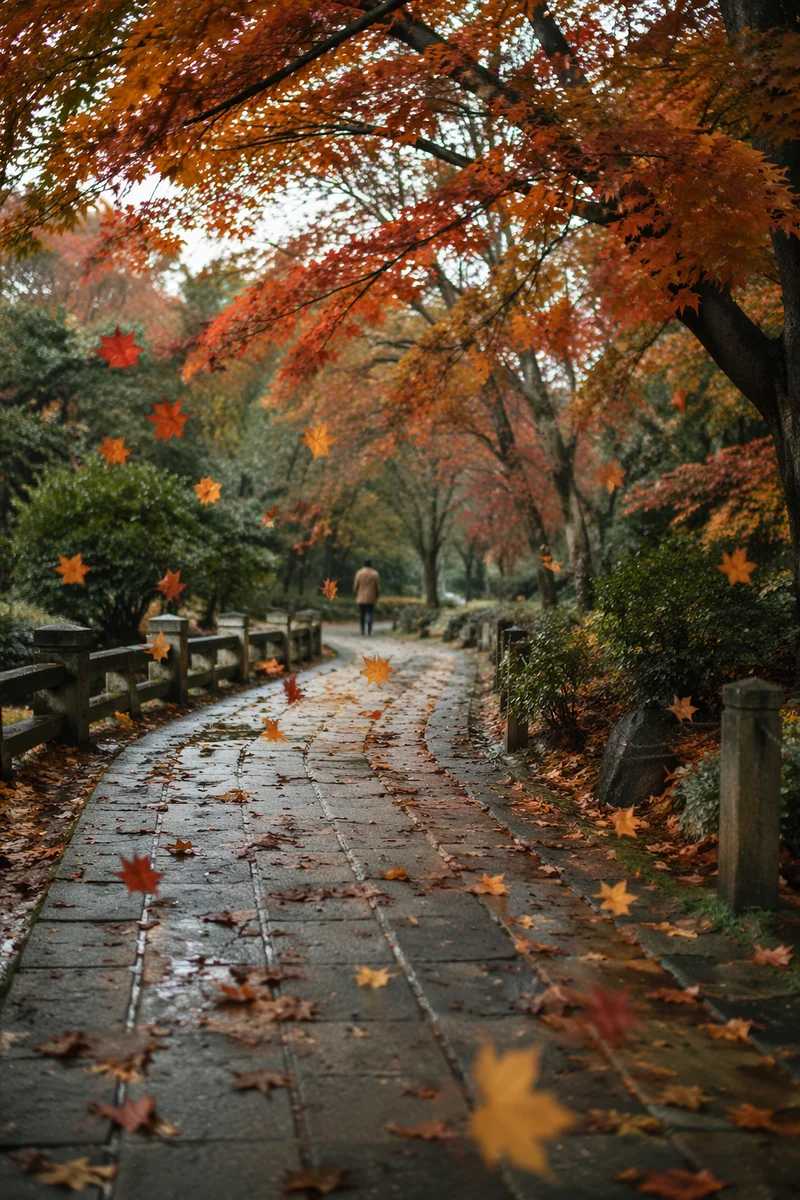 Late Autumn Park Path with Falling Leaves
