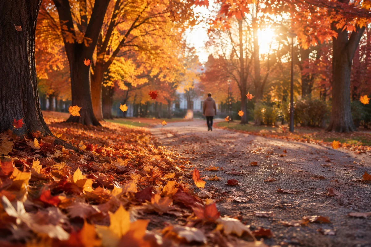 Autumn Leaves Falling Along Park Path