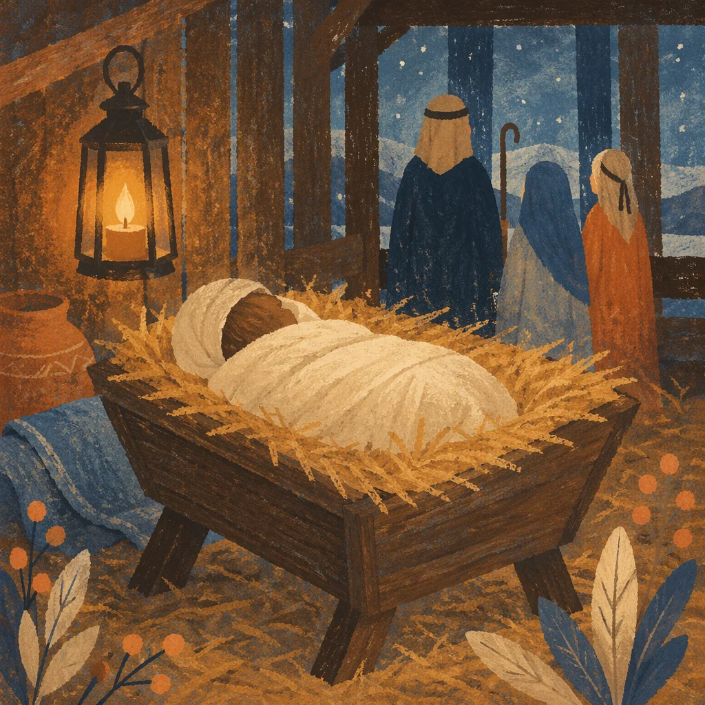 Baby Jesus in Straw Manger at Dusk