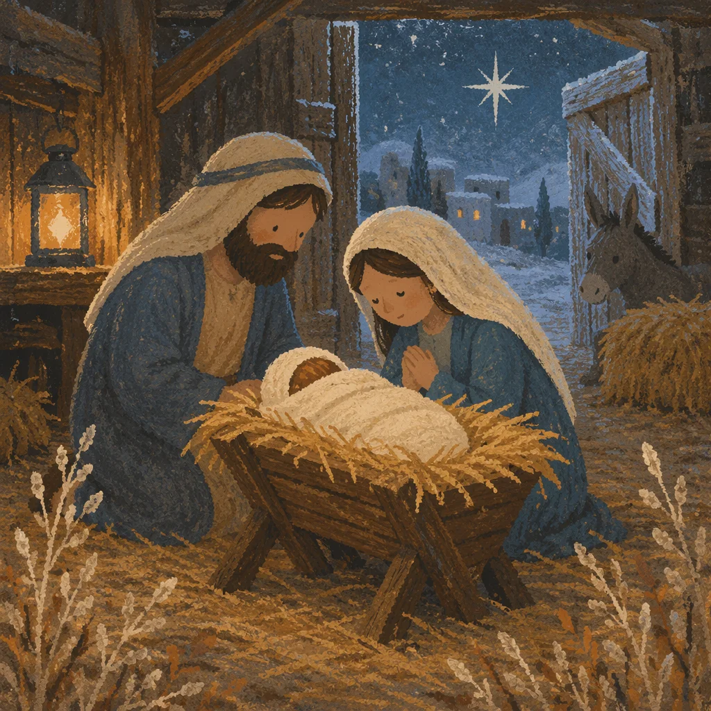 Baby Jesus in Straw Manger at Dusk