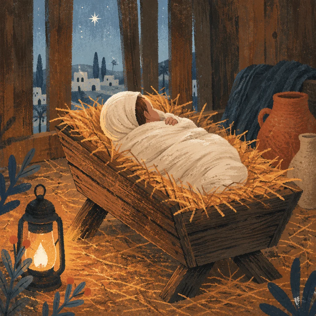 Baby Jesus Resting in Wooden Manger