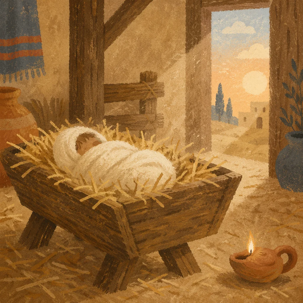 Baby Jesus in Straw Manger at Dawn