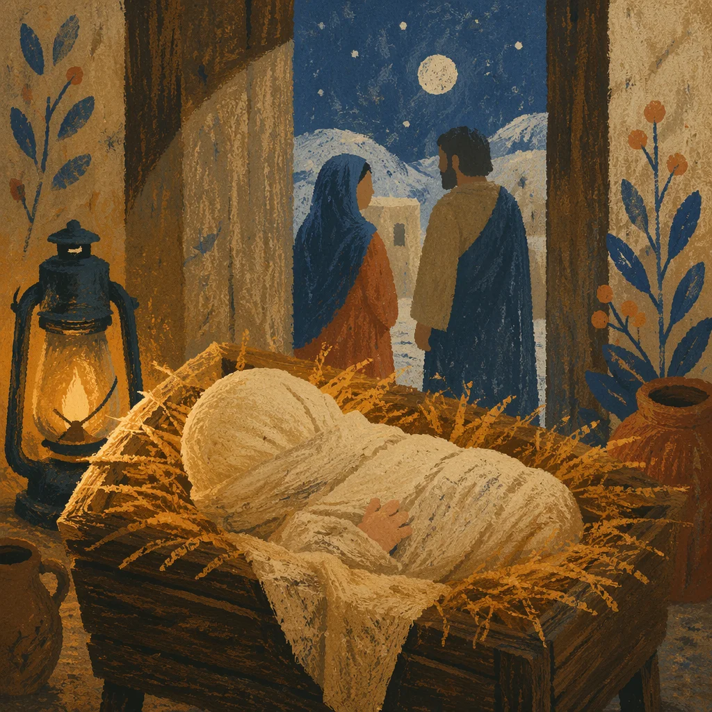 Baby Jesus in Straw Manger at Night