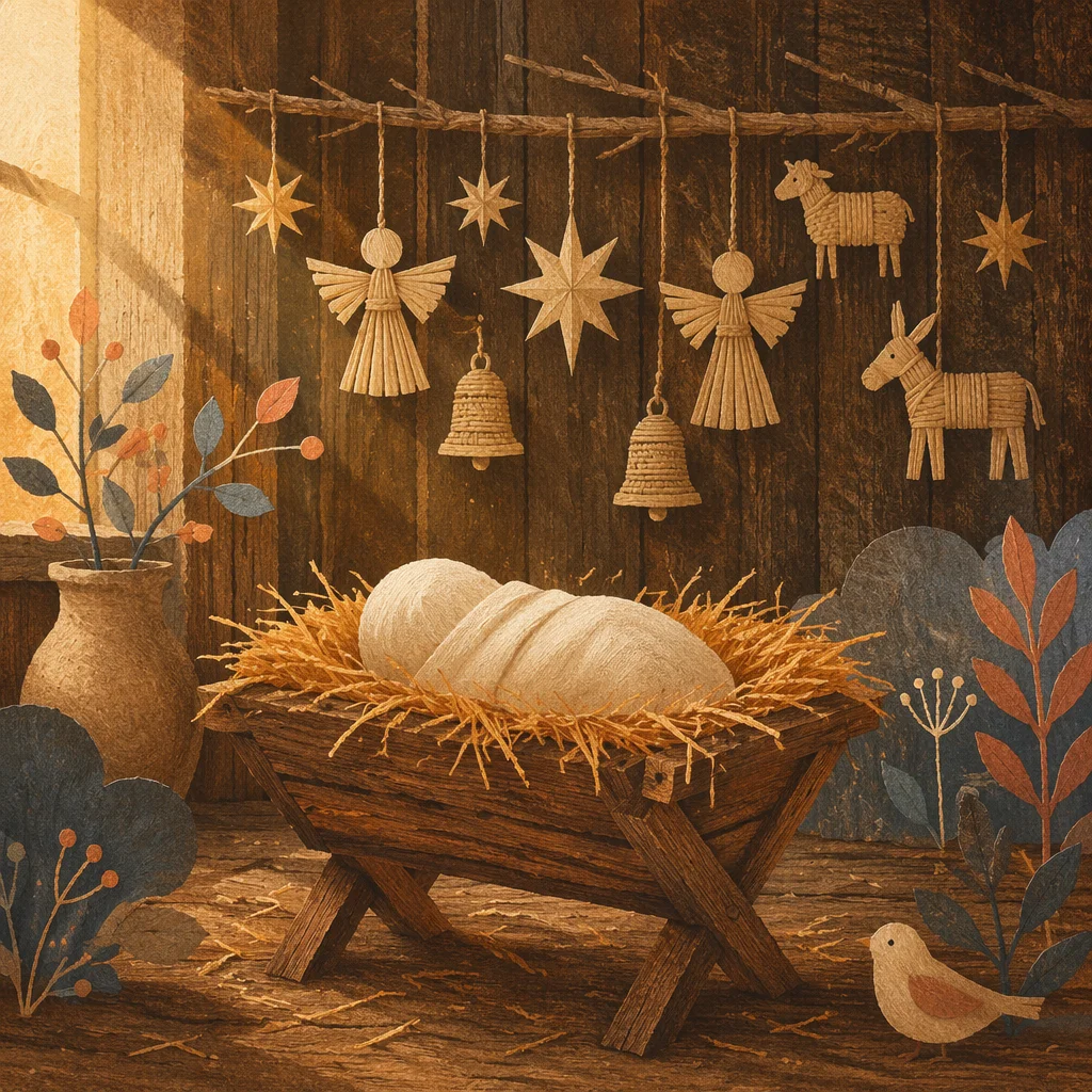Rustic Manger with Baby Jesus and Straw Ornaments
