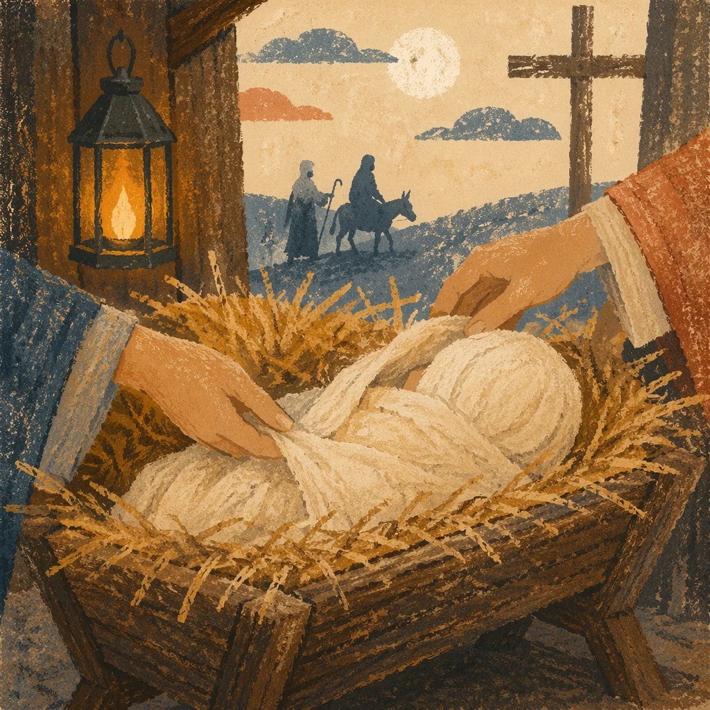 Baby Jesus in Manger at Dawn