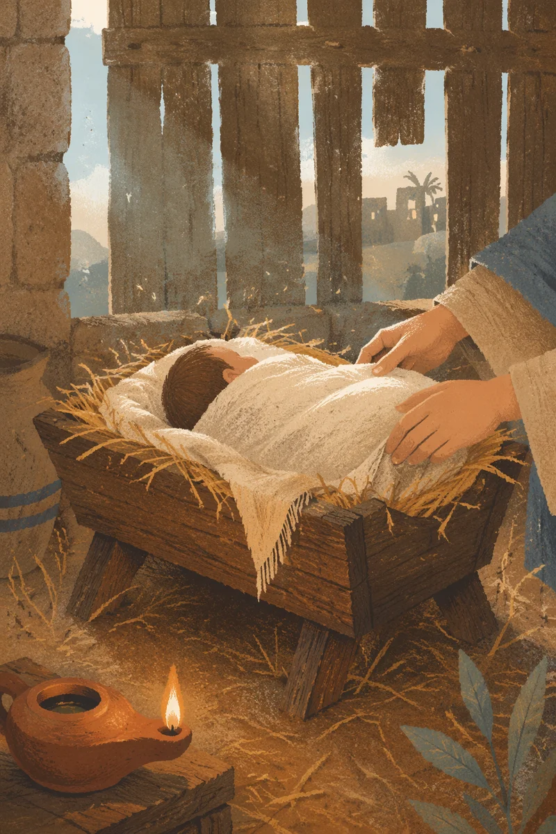 Baby Jesus in Straw Manger at Dawn