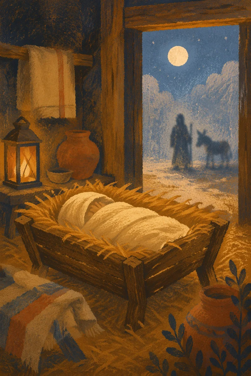 Baby Jesus in Straw Manger at Night