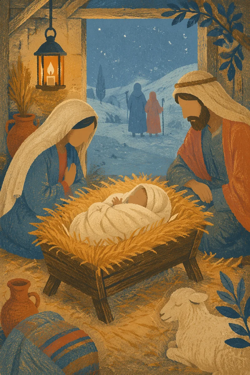 Baby Jesus in Manger at Winter Dawn