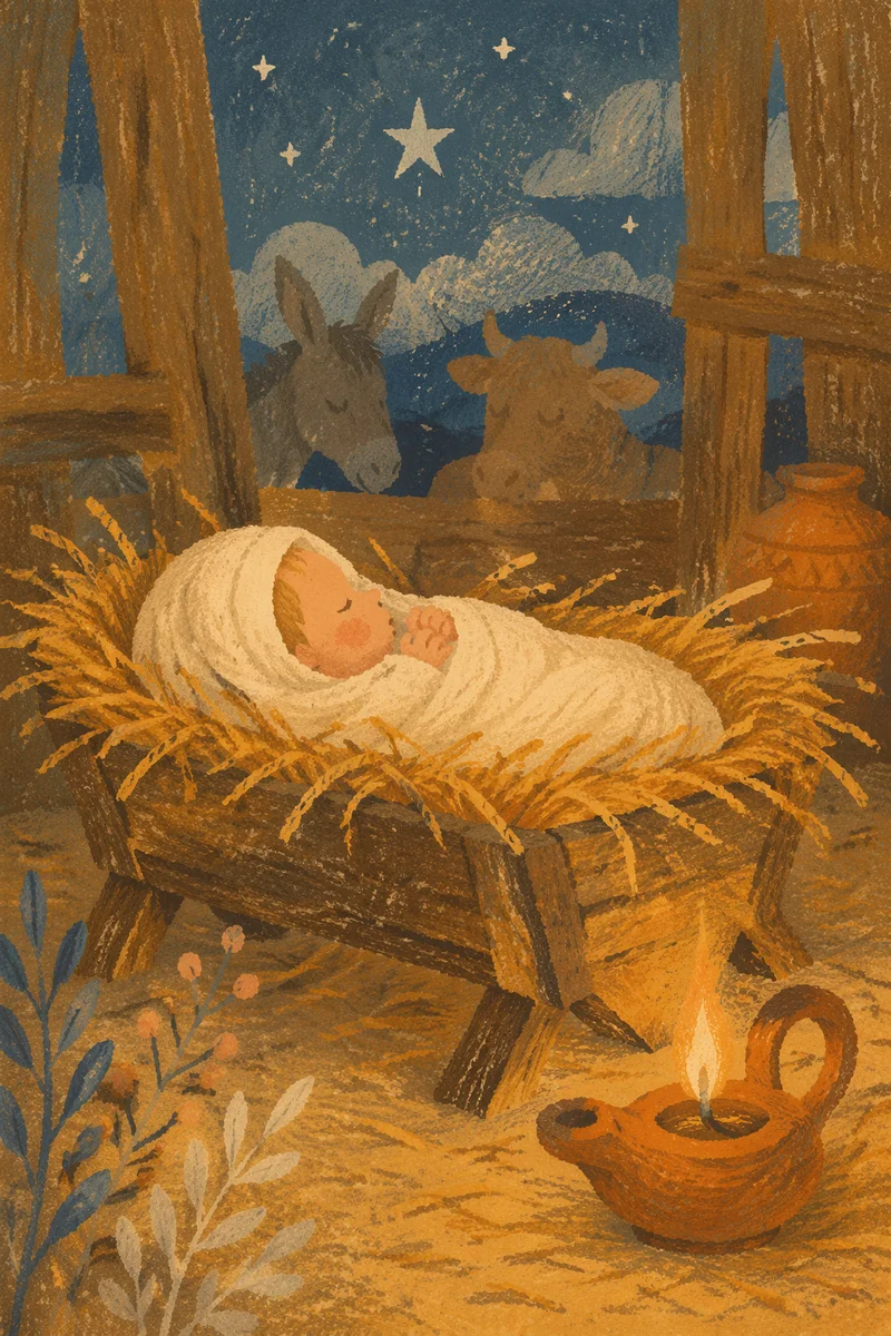 Baby Jesus in Straw Manger at Dusk