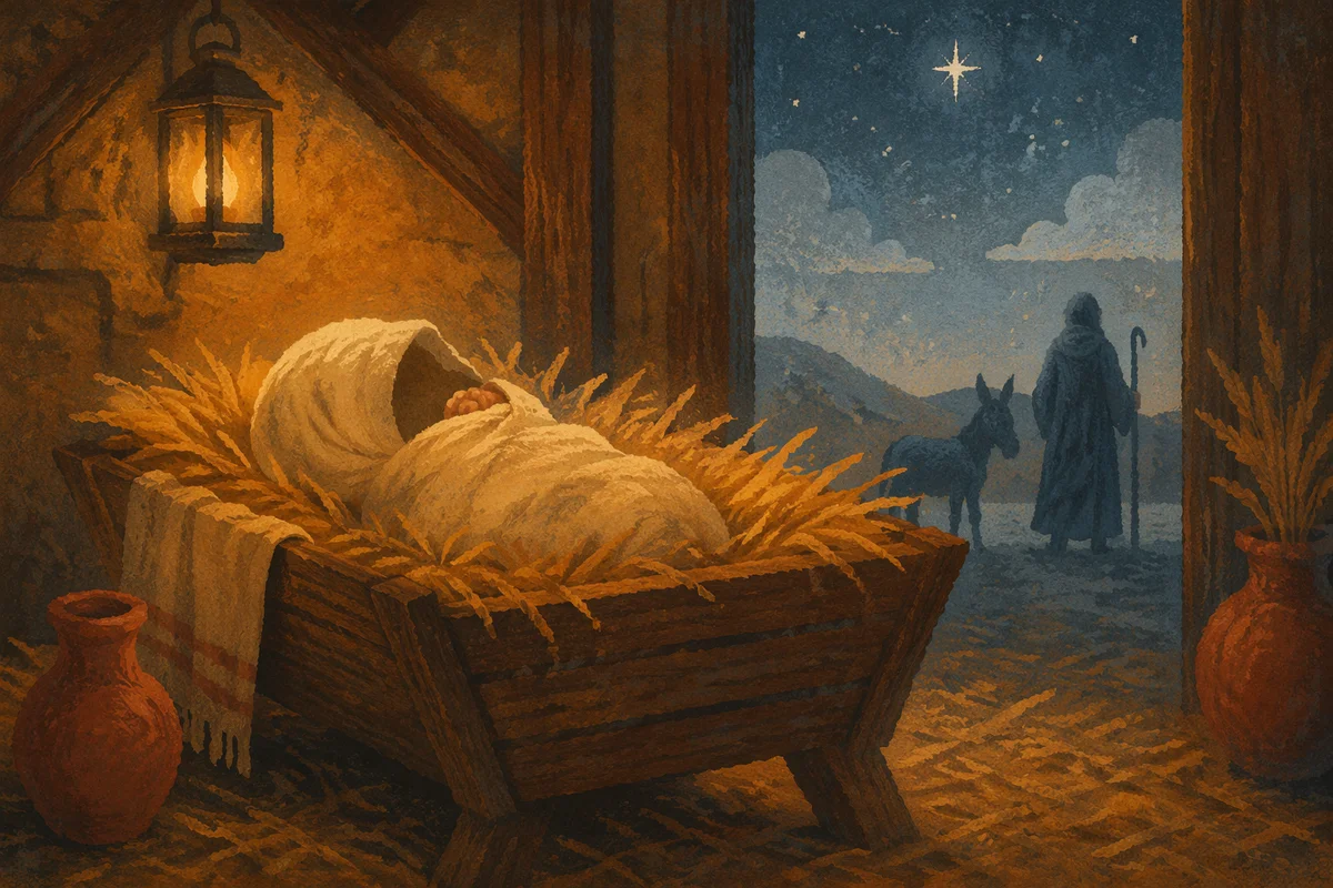 Baby Jesus in Rustic Winter Manger
