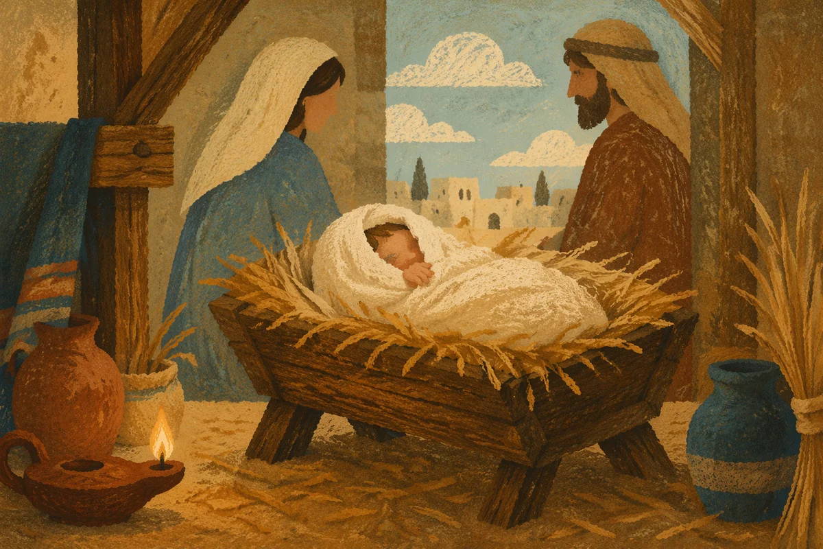 Baby Jesus in Manger at Winter Dawn