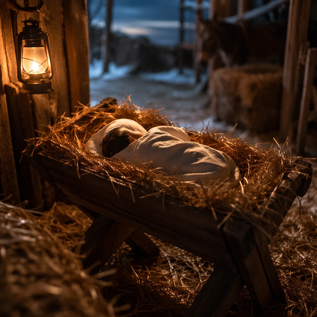 Baby Jesus in Manger at Winter Dusk