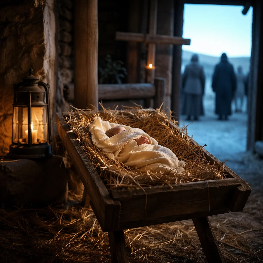 Baby Jesus in Straw Manger at Dawn