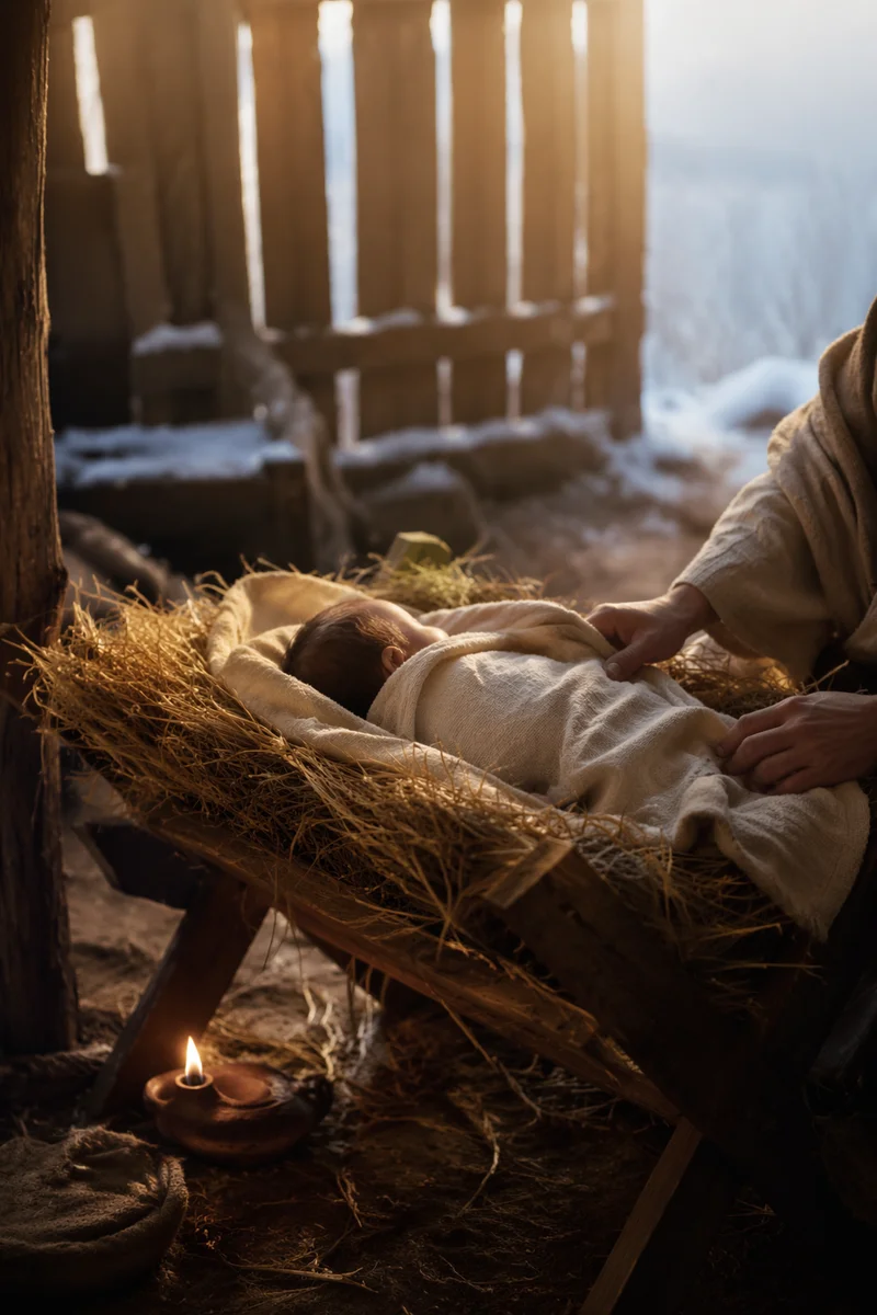 Baby Jesus in Straw Manger at Dawn