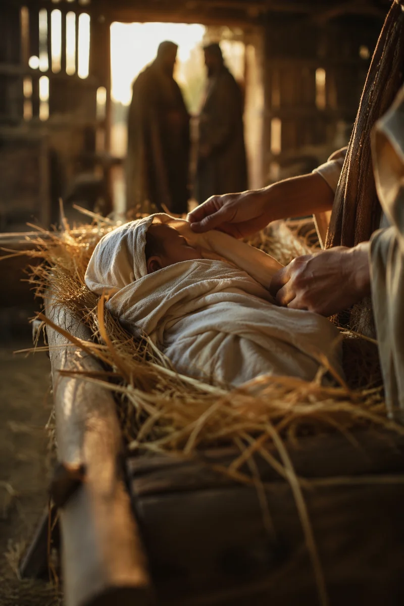 Baby Jesus in Manger at Winter Dawn