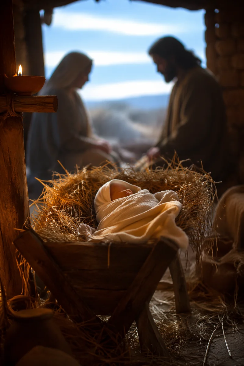 Baby Jesus in Manger at Winter Dawn