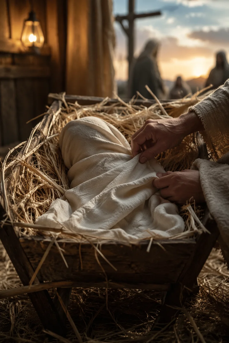 Baby Jesus in Straw Manger at Dawn